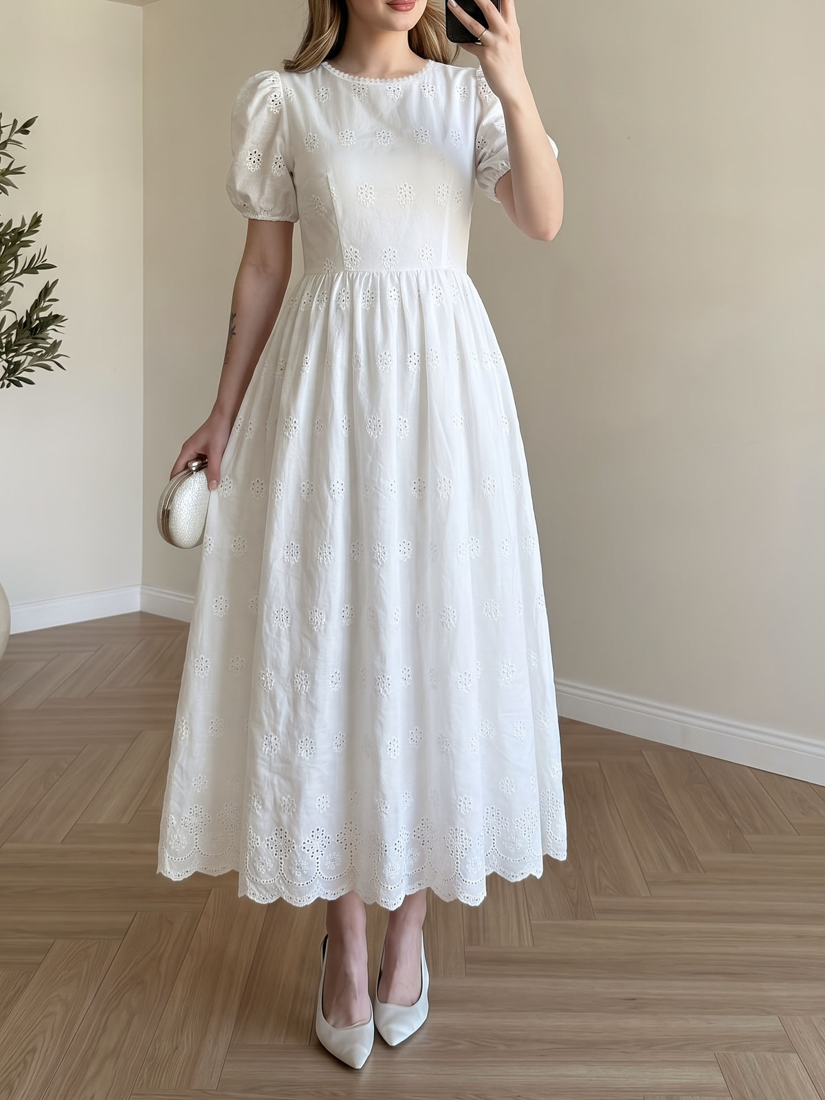 Eyelet Embroidered Round Neck Puff Sleeve Smocked Waist Open Back Bow Tie A-Line Midi Dress - White