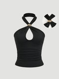 Sexy Backless Suspender Metal Decoration Slim-Fitting Bodysuit - Black