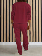 Women'S Solid Color Two-Piece Casual Long Sleeve Front Zipper Hoodie with Drawstring Straight Leg Pants Outfit - Burgundy