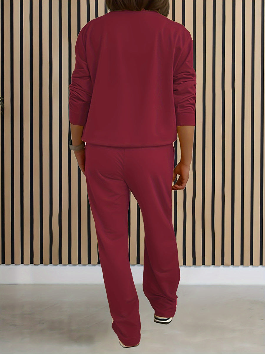 Women'S Solid Color Two-Piece Casual Long Sleeve Front Zipper Hoodie with Drawstring Straight Leg Pants Outfit - Burgundy