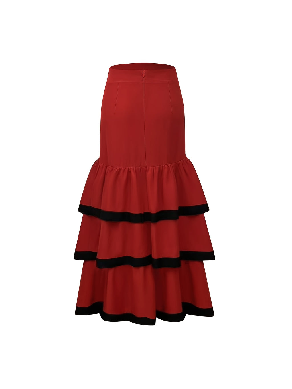 Autumn Versatile Color-Block Elegant Party Gathering Ruffle Hem Women's Skirt - Red