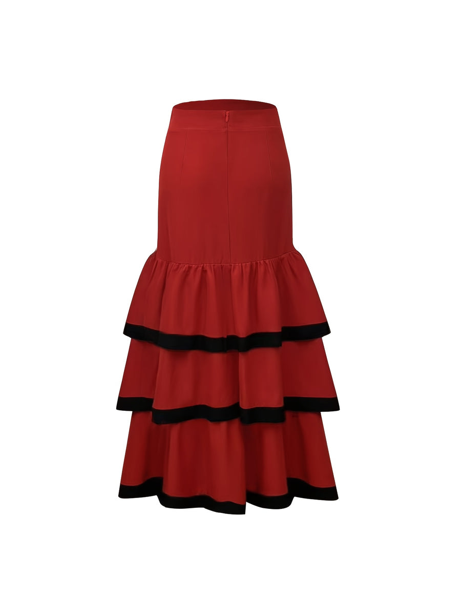 Autumn Versatile Color-Block Elegant Party Gathering Ruffle Hem Women's Skirt - Red