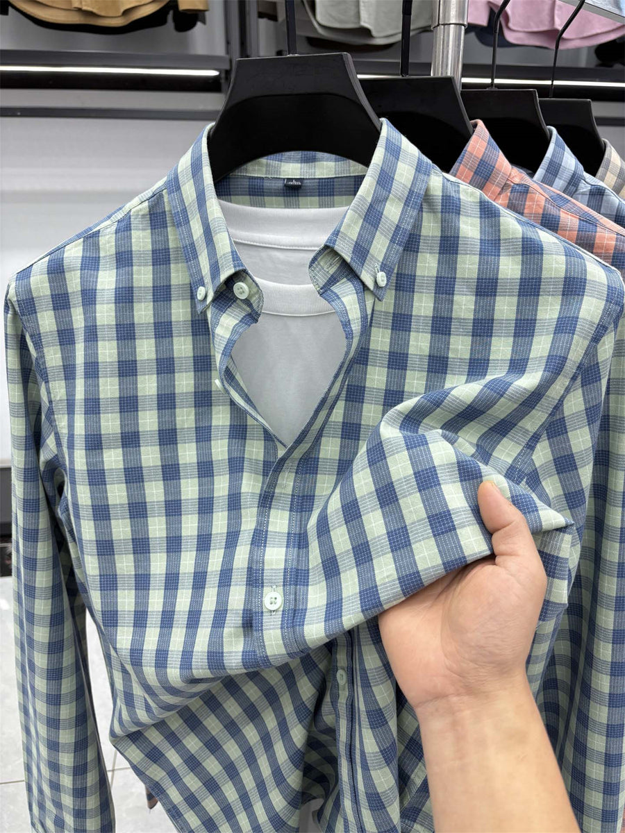 Men's Loose-Fit Thin Plaid Long-Sleeve Shirt for Spring, Summer, and Autumn, New Fashionable Casual Shirt for Young and Middle-Aged Men, Damai - Green Grid