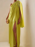 Women's Arabic Gown Dress - One-Shoulder Off-Shoulder Cape Maxi Dress with Slit Hem & Asymmetrical Skirt, Sleeveless Elegant Formal Wedding Guest Dress Suitable for Parties, Prom, Special Occasions - Fluorescent Yellow