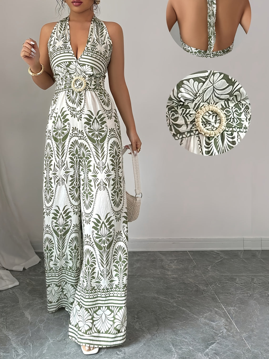 Women'S Casual Vacation Backless Bohemian Style Summer Women'S Clothing Off-Shoulder Easter Women'S Jumpsuit - Olive Green