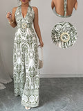 Women'S Casual Vacation Backless Bohemian Style Summer Women'S Clothing Off-Shoulder Easter Women'S Jumpsuit - Olive Green