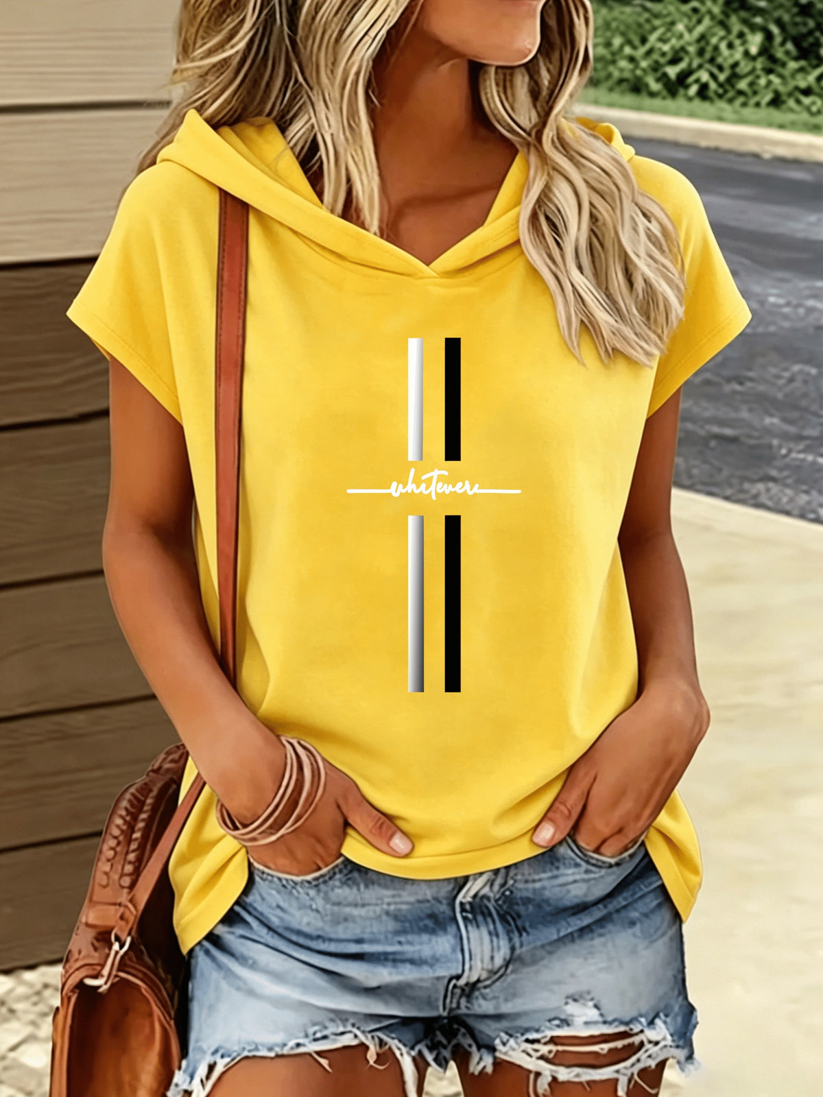 1pc Hooded T-Shirt with Easy Letter Print Design, Loose And Casual Style, New Summer Y2K Style Women'S Casual Sportswear, Elegant, Fashionable, And Comfortable T-Shirt Top - Lemon Yellow