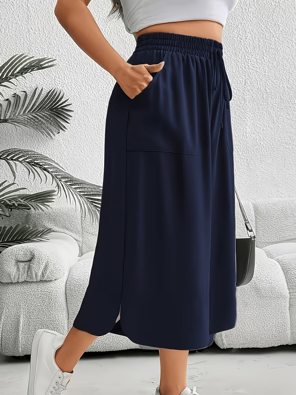 Women'S Fashion Wide Leg Pants - Navy Color