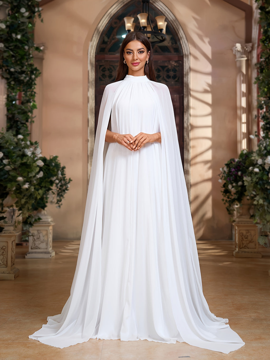 Cape Mesh Dress, Family Gathering Birthday Party Dress, Elegant and Stylish Dress, Women's Long Dress, Party Dress, New Arrival, Women's Evening Gown, Host/Performer Dress, Bridesmaid Dress, Prom Evening Gown, Concert Performance Dress - White