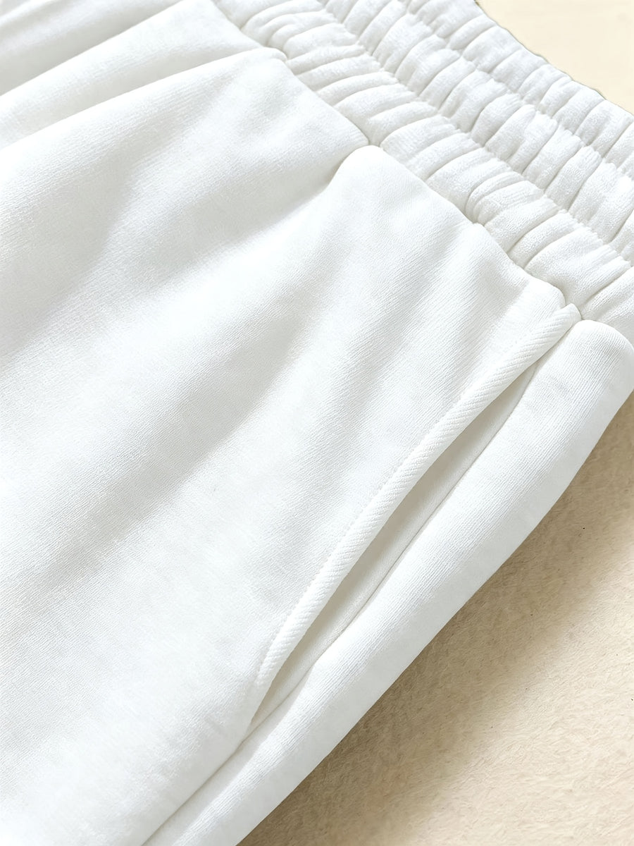 High-Waist Ankle-Cinching Sweatpants, Mountain Peak Print, Vertical Stripes on Both Sides of Legs, Elastic Cuffs Suitable for And Commuting - White