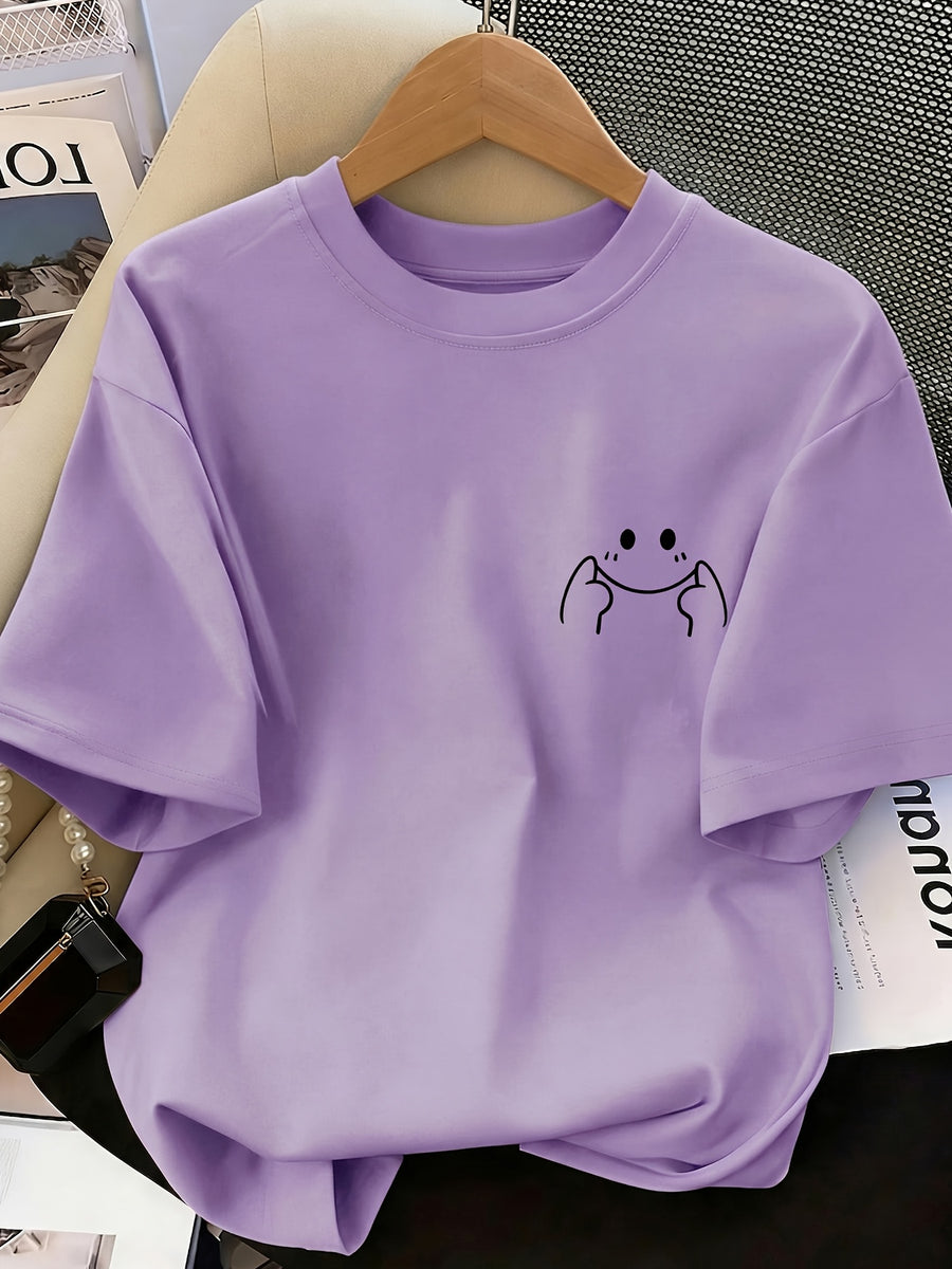 Women's High-Elastic Blouse T-Shirt Suitable for Café Visits, Picnic & Home Wear - Minimalist Smiling Face Print Round Neck Top, Machine Washable Non- Shirt for - Casual Outfits (Age-Reducing Versatile Wardrobe Staple) - Light Purple