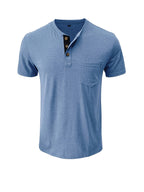 Men'S Summer Round Neck Short Sleeve T-Shirt Henley Shirt Pocket Top - Light Blue