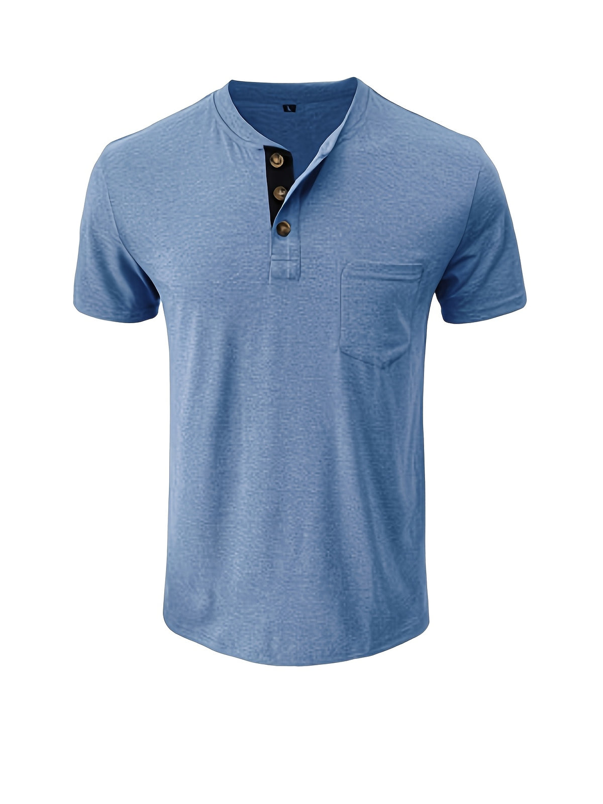 Men'S Summer Round Neck Short Sleeve T-Shirt Henley Shirt Pocket Top - Light Blue
