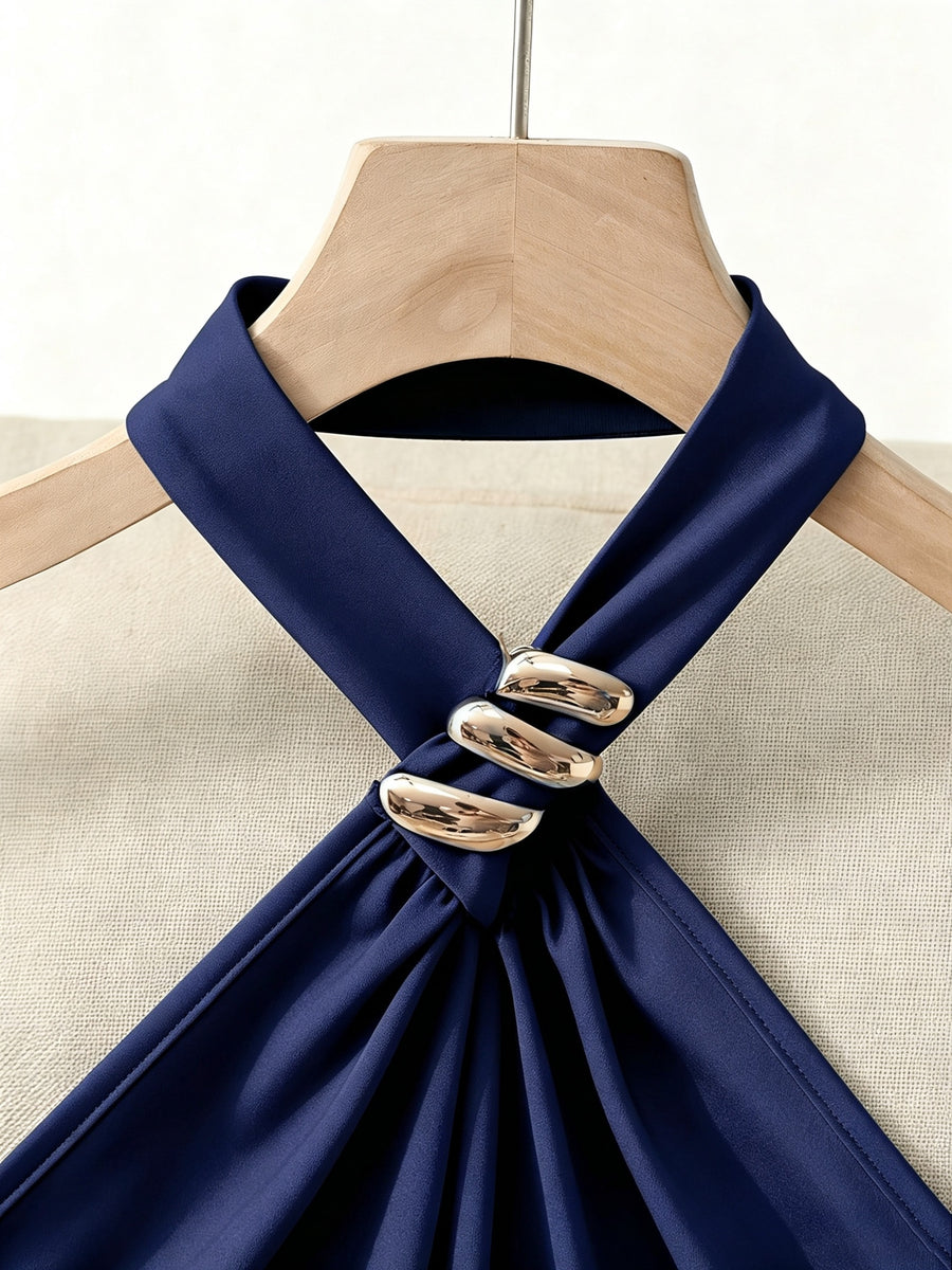 Women'S Solid Color Neckline Exquisite Metal Accessory Halter Slim Off-Shoulder Elegant Asymmetrical Hem Top, Side Waist Cinched Ruched Top, Metal Embellished Button Design, Suitable for Dates, Gatherings, Commuting - Navy Color