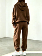Autumn Winter Trendy Fashion Hooded Drawstring Sweatshirt And Joggers Women'S Set Zipper Bear Print Trendy Play Style Cold Weather Comfortable Outfit Classic Silhouette Comfortable Fit Casual Home Outing Two-Piece Set - Brown 1