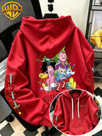 Warner Bros. Men's New Trendy Hoodie, Adventure Time Full Cast Collection Cartoon Graphic Print, Casual Hooded Sweatshirt, Daily Drawstring Loose Pullover Top, Machine Washable Versatile Sporty Casual Men's Top - Red