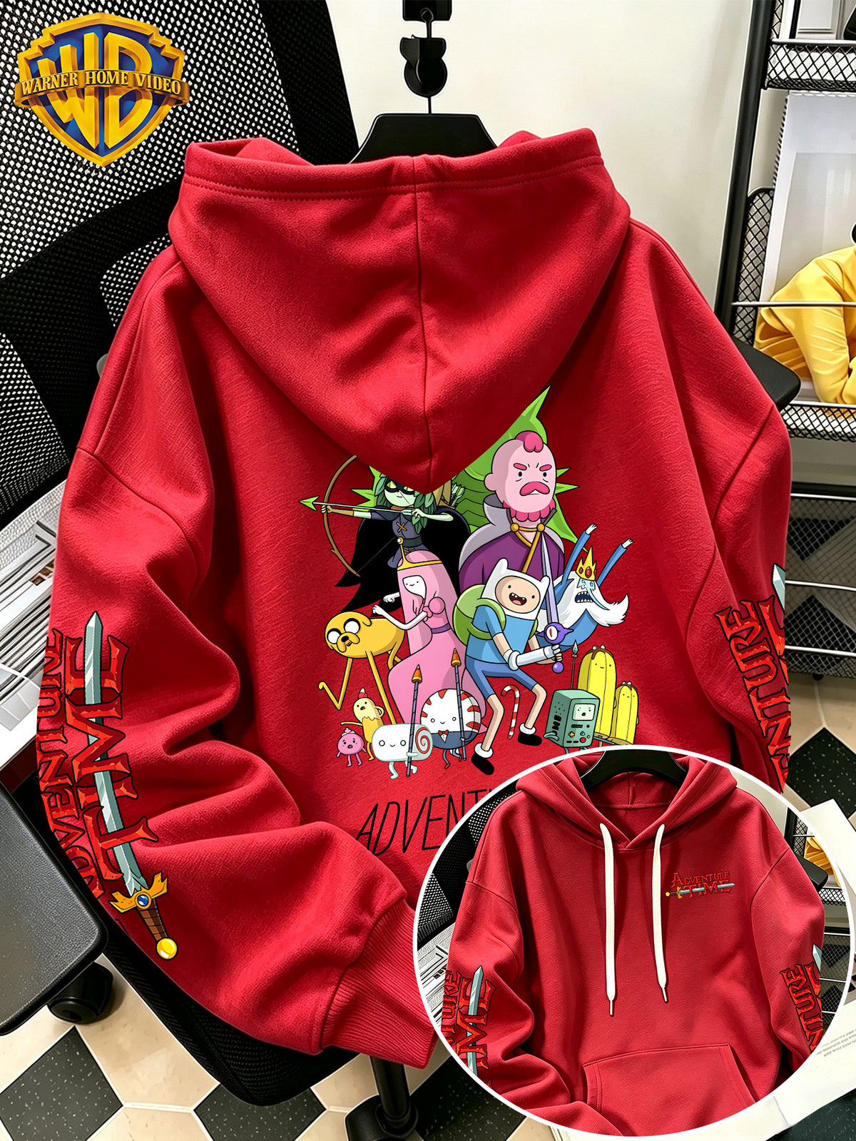 Warner Bros. Men's New Trendy Hoodie, Adventure Time Full Cast Collection Cartoon Graphic Print, Casual Hooded Sweatshirt, Daily Drawstring Loose Pullover Top, Machine Washable Versatile Sporty Casual Men's Top - Red
