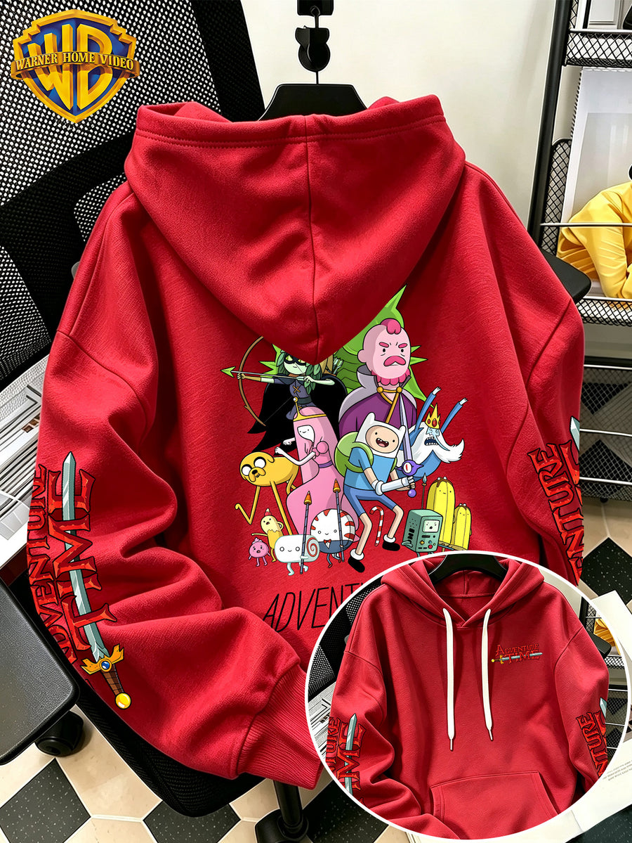 Warner Bros. Men's New Trendy Hoodie, Adventure Time Full Cast Collection Cartoon Graphic Print, Casual Hooded Sweatshirt, Daily Drawstring Loose Pullover Top, Machine Washable Versatile Sporty Casual Men's Top - Red