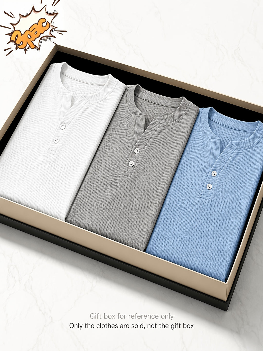 [Josh Mei Obm] 3pcs Men'S Waffle Henley Shirts Lightweight Breathable Button Neck Slim Fit Summer Tops for Beach Vacation Outdoor Casual Wear - White+Grey+Blue