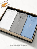 [Josh Mei Obm] 3pcs Men'S Waffle Henley Shirts Lightweight Breathable Button Neck Slim Fit Summer Tops for Beach Vacation Outdoor Casual Wear - White+Grey+Blue