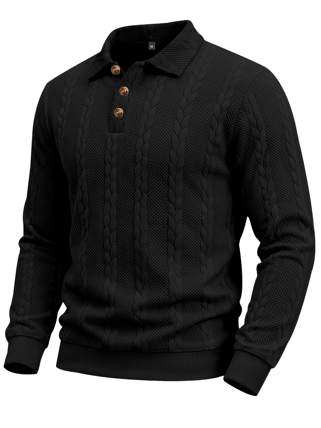 1pc Autumn Men'S Long Sleeve Plaid POLO Shirt Solid Stripe Retro Style Outdoor Sports Casual Pullover Top - Black