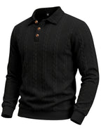 1pc Autumn Men'S Long Sleeve Plaid POLO Shirt Solid Stripe Retro Style Outdoor Sports Casual Pullover Top - Black