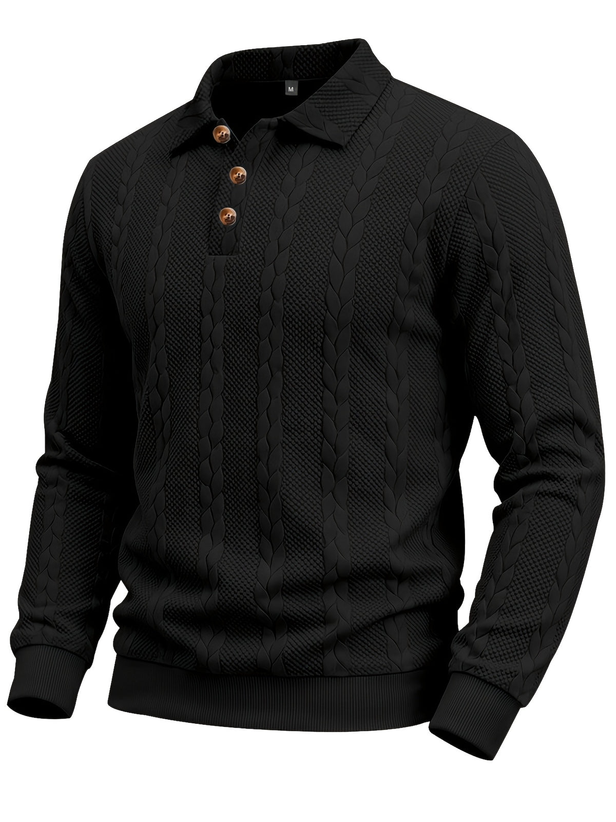 1pc Autumn Men'S Long Sleeve Plaid POLO Shirt Solid Stripe Retro Style Outdoor Sports Casual Pullover Top - Black