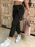 2026 Spring And Summer New Casual Women'S High-Waisted Pants with Solid Color Pocket Design And Elegant Suspenders, Perfect for Casual Outings And Dates - Black