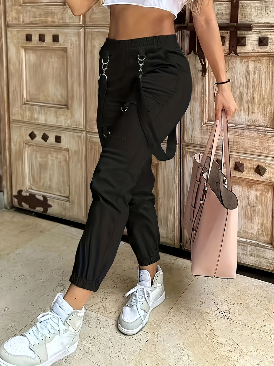 2026 Spring And Summer New Casual Women'S High-Waisted Pants with Solid Color Pocket Design And Elegant Suspenders, Perfect for Casual Outings And Dates - Black