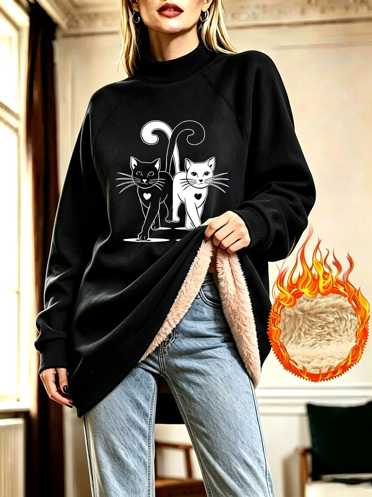Cute Double Cat Heart Print Half-Turtleneck -Lined Sweatshirt Dress for Women, Autumn/Winter Loose Fit Thickened Midi-Length Top - Black