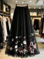 Spring and Autumn Women's Elegant Printed Midi A-Line Chiffon Skirt, Vacation Wear, Party Banquet Wear, Birthday Wear, Wedding Guest Wear, Easter Wear, Carnival Wear, Christmas Wear, Valentine's Day Wear, Holiday Wear, Suitable for Street Outings - Black