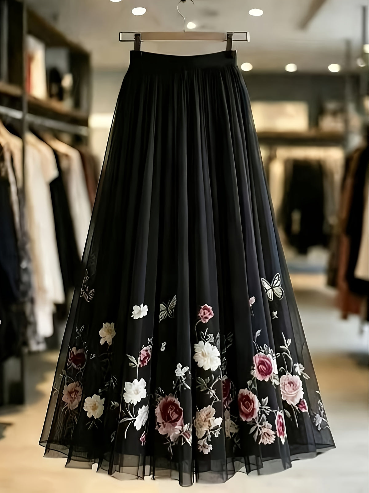 Spring and Autumn Women's Elegant Printed Midi A-Line Chiffon Skirt, Vacation Wear, Party Banquet Wear, Birthday Wear, Wedding Guest Wear, Easter Wear, Carnival Wear, Christmas Wear, Valentine's Day Wear, Holiday Wear, Suitable for Street Outings - Black