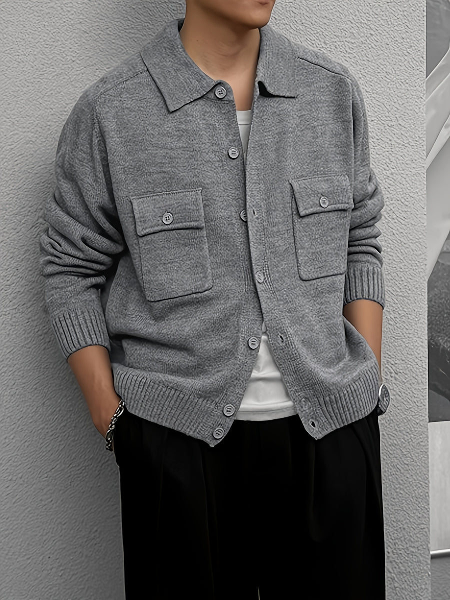 Men's Fashion New Rich Old Money Style Soft and Skin-Friendly Double Pocket Sweater Autumn Winter Casual Knit Cardigan - Grey