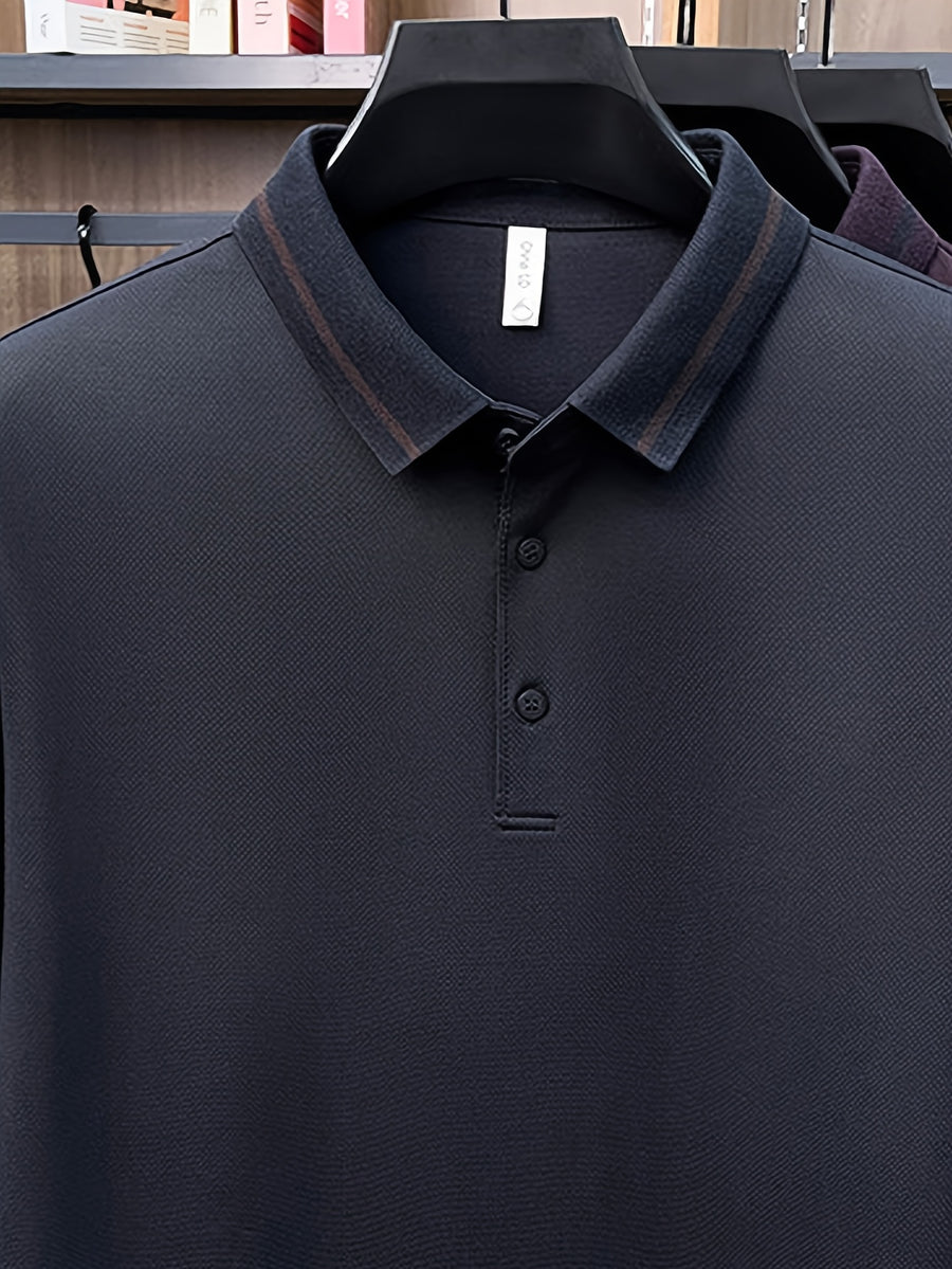 Men's Three-Button Lapel Long-Sleeve Polo Shirt, Suitable for Commuting to Work, Daily Outings, and Layering or Wearing on Its Own - SINBOS - Navy Color