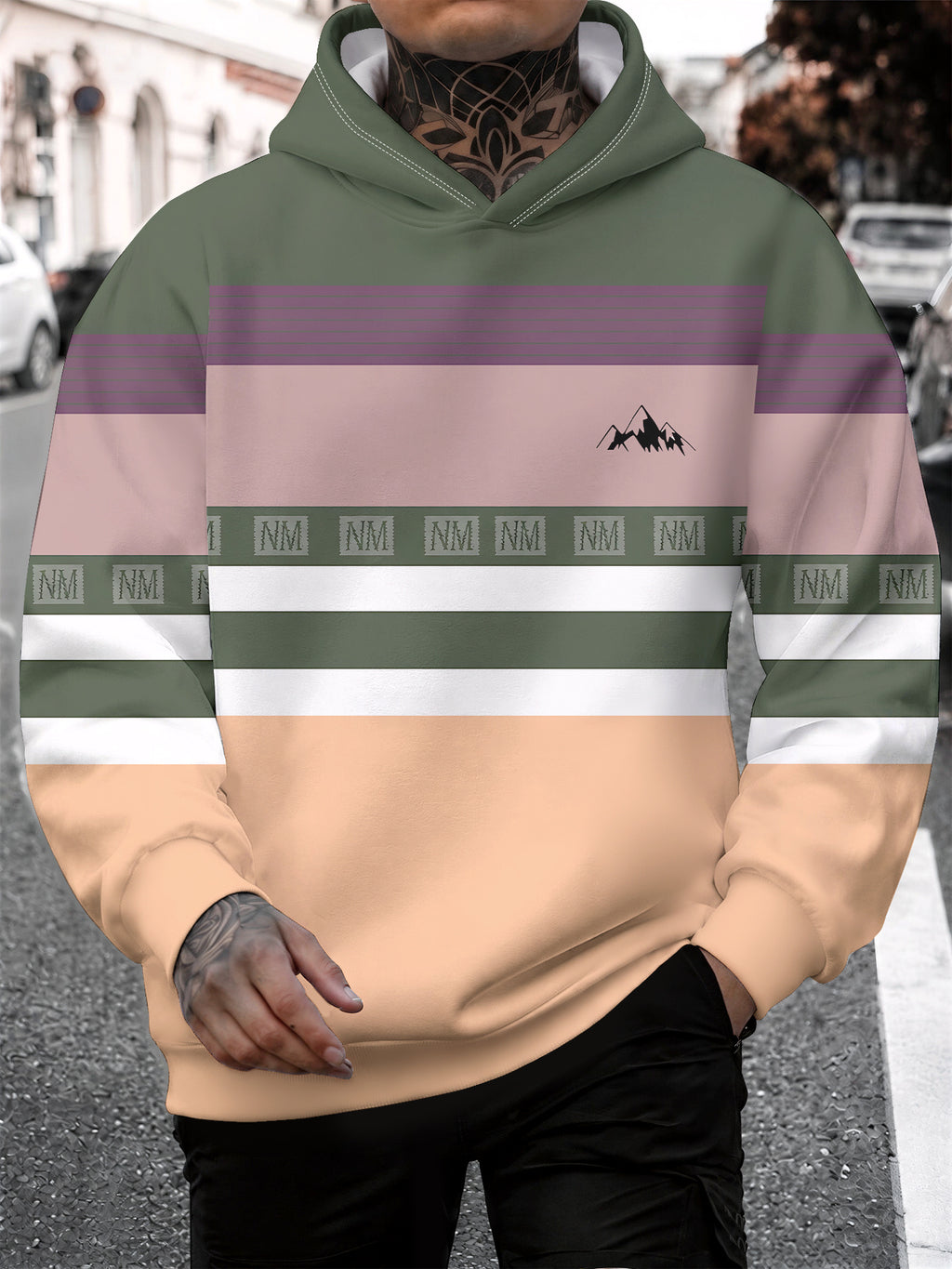 4 Styles, Men's Long Sleeve Casual Hoodies with Fresh Mountain Pattern with Contrasting Horizontal Stripes Prints, Trendy Printed Hooded Jackets, Sporty and Fashionable Style, Spring and Autumn Tops for Daily Casual Outfits. - Mixed colors