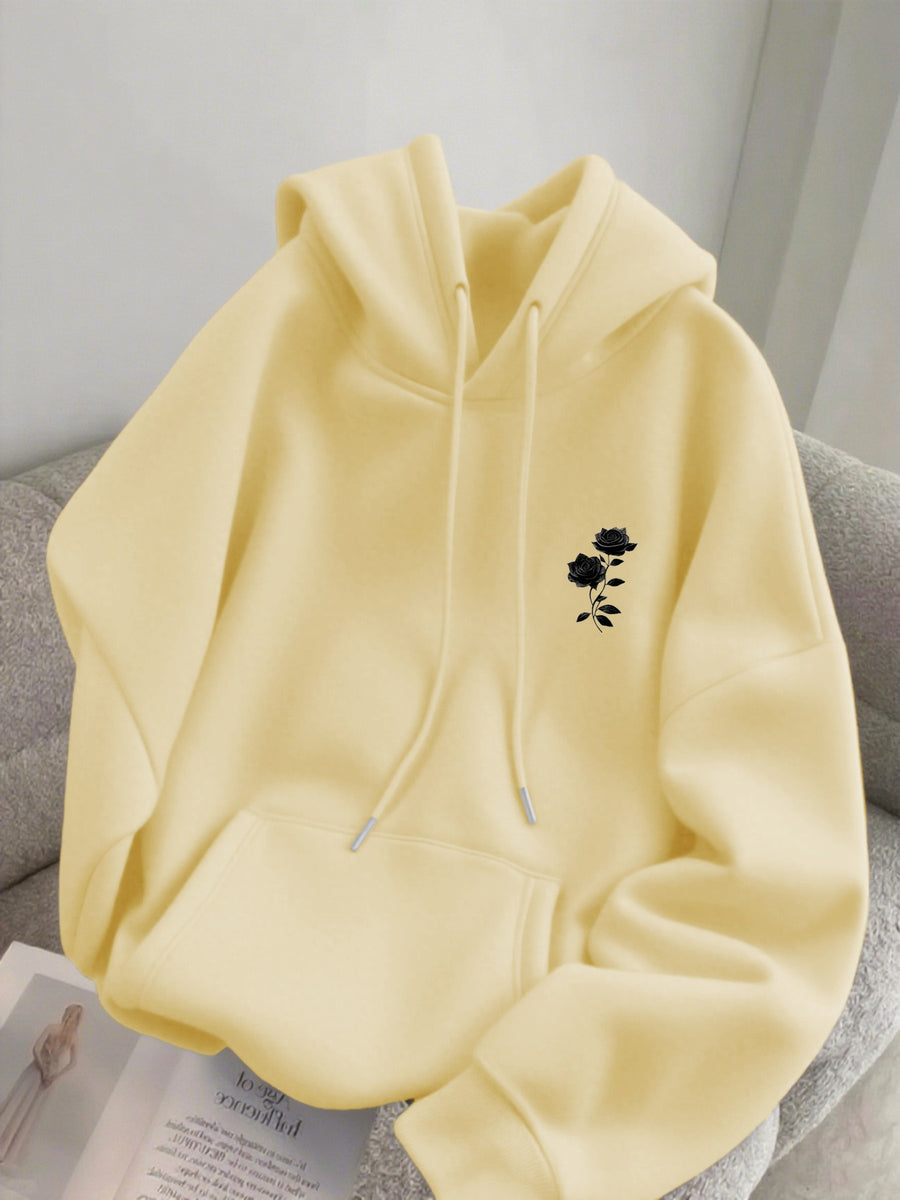Autumn Winter Men'S Fleece-Lined Hooded Sweatshirt, Double Branch Black Rose Print, Fashionable Casual Wear for Daily, Casual, Gatherings, Parties, Outdoor Sports, Men'S Warm Hooded Top - Apricot