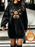 Leopard Print Bow Bear Heart Pattern Half-Neck Long Plush Fleece Sweatshirt Women'S Loose Casual Sweatshirt Dress - Black