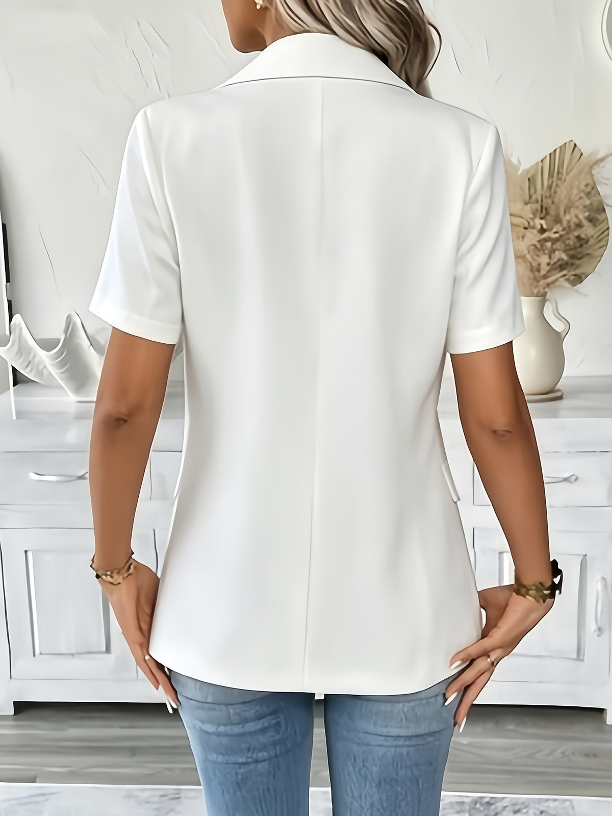 Spring and Summer Fashion Commute Solid Color Short Sleeve Blazer Women's Top for a Sharp and Professional Look - White