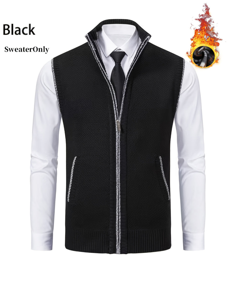 Men'S Knitted Zipper Cardigan Vest Sweater with Pockets - Black