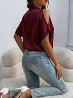 Women'S Chic Stand Collar V-Neck Cold Shoulder Short Sleeve Top - Satin Texture, Ideal for Mother'S Day & Independence Day Commute, Suitable for Spring & Summer Casual & Date Looks, Luxury Style Outfit - Red