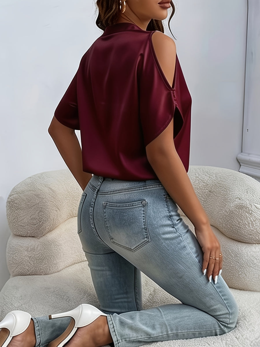 Women'S Chic Stand Collar V-Neck Cold Shoulder Short Sleeve Top - Satin Texture, Ideal for Mother'S Day & Independence Day Commute, Suitable for Spring & Summer Casual & Date Looks, Luxury Style Outfit - Red
