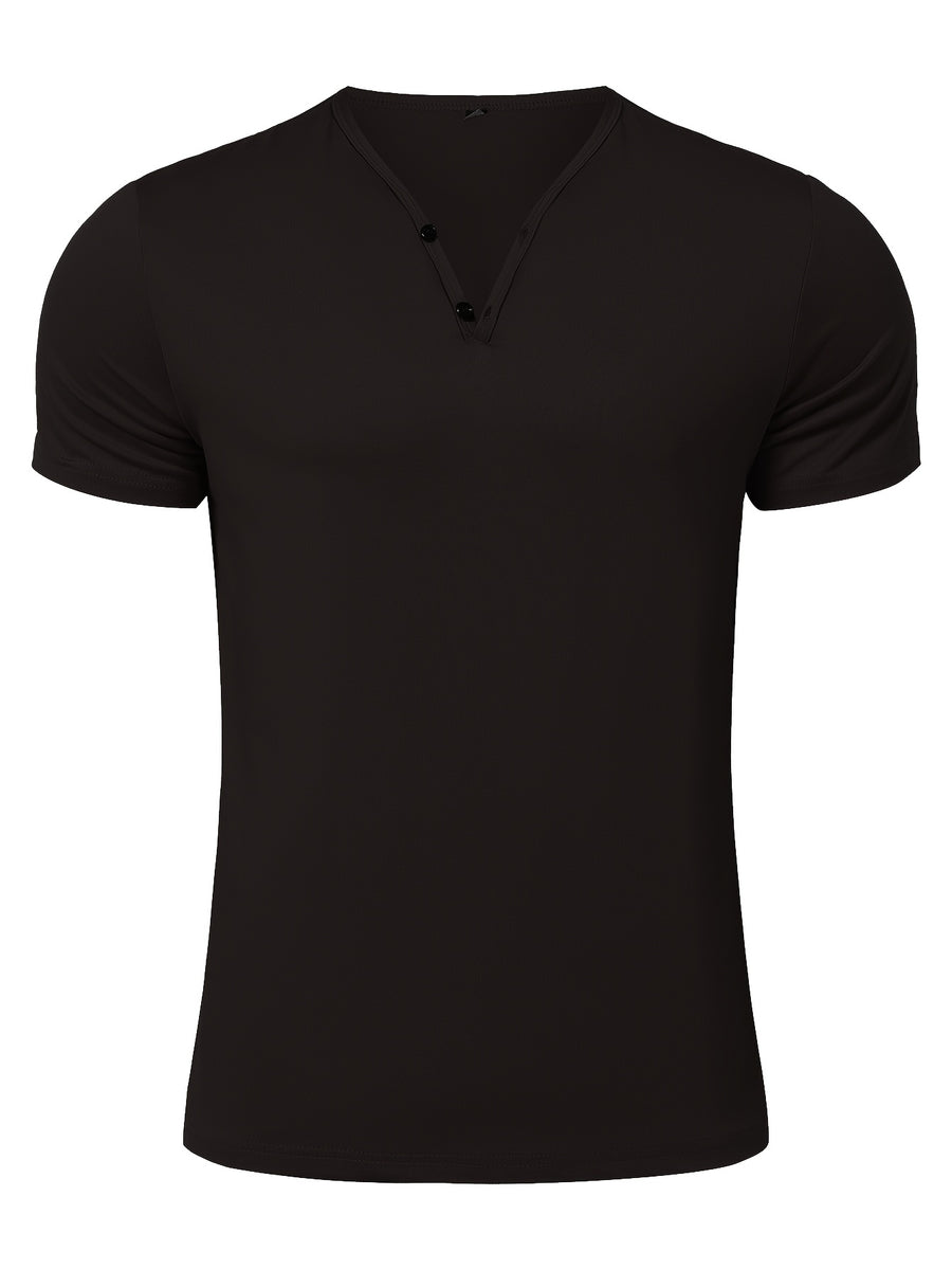 Men's Quick-Dry Moisture-Wicking Henley Shirt - Lightweight Breathable Stretch V-Neck Button-Front Collar T-Shirt Suitable for Gym, Outdoor, & Casual Wear, Solid Color Short Sleeve for Daily Activities & Summer Training (Machine Washable) - Black