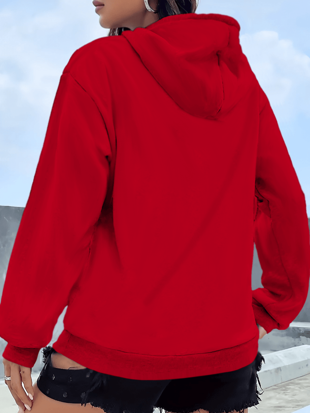 2025 New Women's American Fashion Casual Norwegian Outdoor Letter Print Hoodie with Kangaroo Pocket and Drawstring, 100% Polyester Fabric, Machine Washable, All-Season Y Sweatshirt - Red