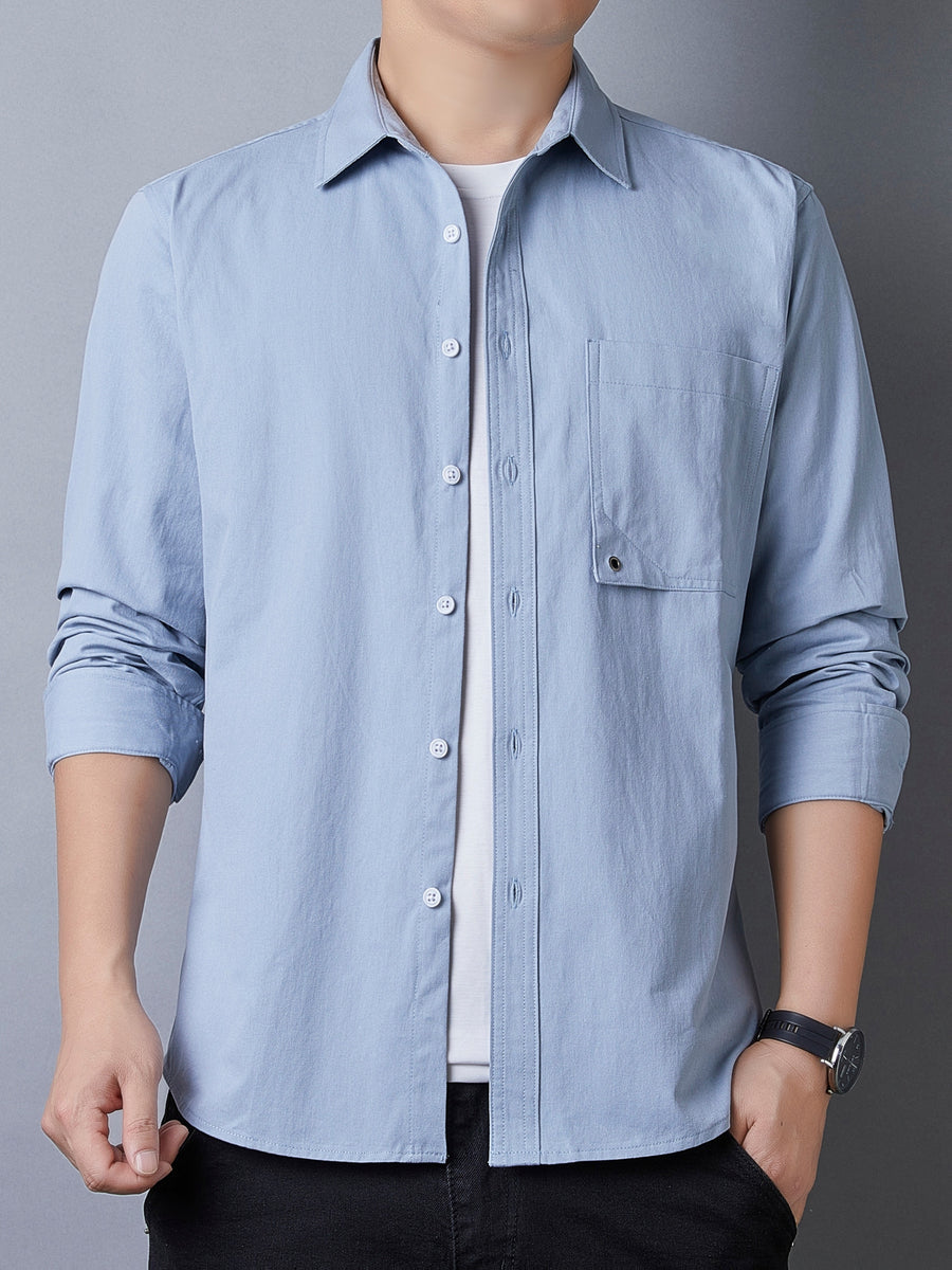 Men's Casual Pure Cotton Long-Sleeve Shirt for Spring and Autumn, Solid Color Simple Lapel Single-Pocket Shirt for Daily Commuting, Work, and Dating, Men's Top - Light Blue