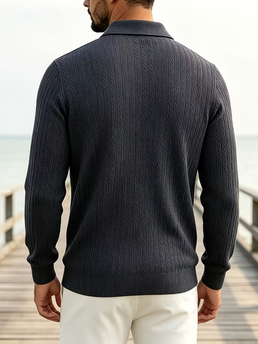 2026 New Men's Long-Sleeve Polo Shirt, Jacquard Texture Lapel Top, Casual Three-Button Knitted Business Versatile Long-Sleeve T-Shirt - Navy Color