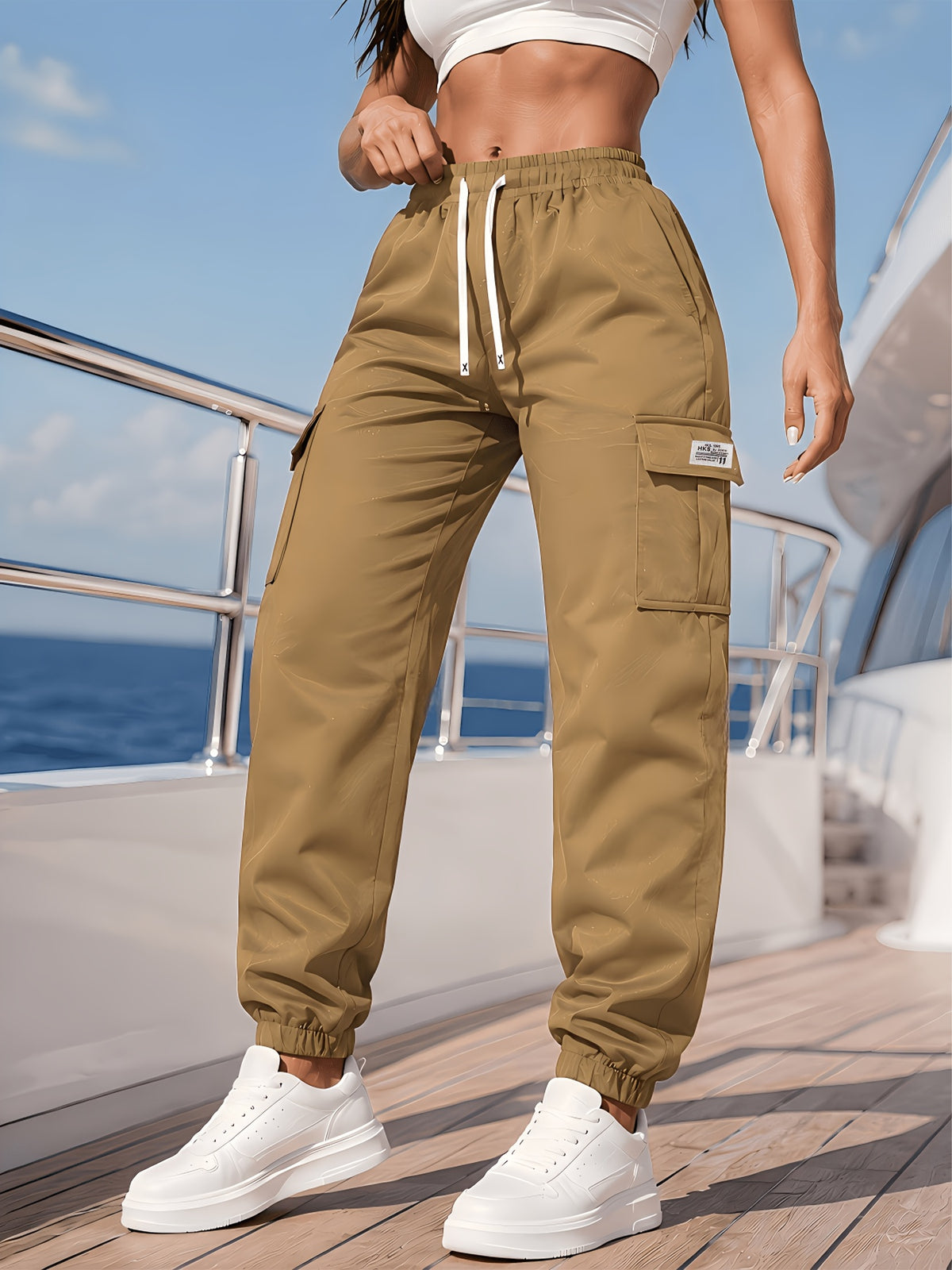 New Women'S Ankle-Cinching Cargo Pants, Side Flap Pocket Drawstring Elastic Waist Long Trousers, Multi-Pocket Casual Street Style Pants, Outdoor Hiking Bottoms - Yellowish-brown