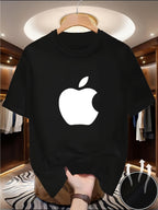 Men's T-shirt, Daily Wear, Casual, Sporty, Breathable and Comfortable, Trendy and Fun Printed Pattern, Classic European and American Minimalist Colors, Short-sleeved T-shirt with Large Apple LOGO Centered Print, Versatile Crew Neck Top for Office - Black