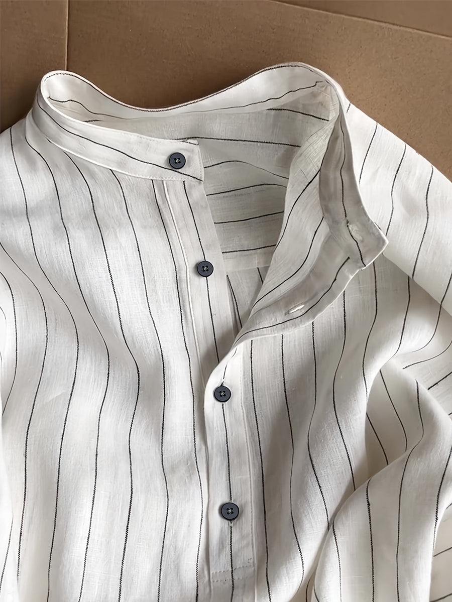 Men'S Stand Collar Linen Comfortable Casual Long Sleeve Shirt - White
