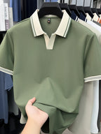[Shule Water OBM] Summer Men'S Short Sleeve T-Shirt, Contrast Striped Cool Business Casual Versatile Top, Mid-Age Men'S Short Sleeve Collared Polo Shirt (72616) - Green