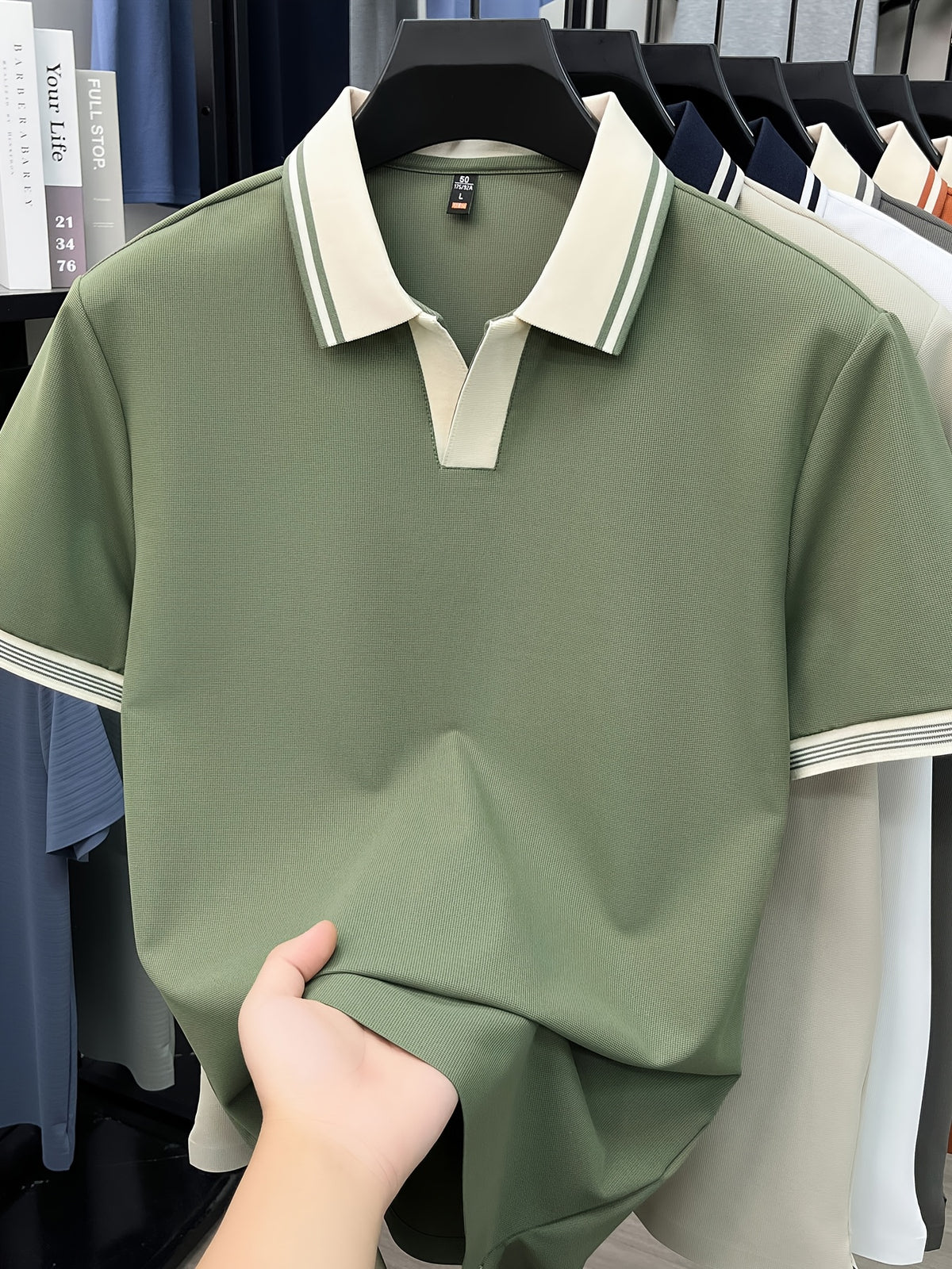 [Shule Water OBM] Summer Men'S Short Sleeve T-Shirt, Contrast Striped Cool Business Casual Versatile Top, Mid-Age Men'S Short Sleeve Collared Polo Shirt (72616) - Green